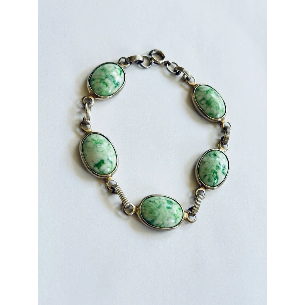 Bracelet VTG Regal Czech Green Glass Cabochon Link Silver Plated Rare Chunky 50s